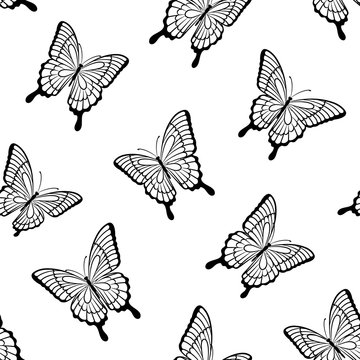 Beautiful seamless background of butterflies black and white colors. design greeting card and invitation of the wedding, birthday, Valentine s Day, mother s day and other holiday.