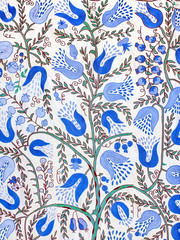 Textiles store. Fabric with embroidered traditional Uzbek floral  pattern on white  background Vintage style  - 311295960