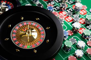 Casino theme, close up of roulette, red and black numbers, Stack of chips as background.