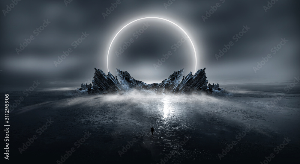 Canvas Prints modern futuristic neon abstract background. large object in the center, space background. dark scene