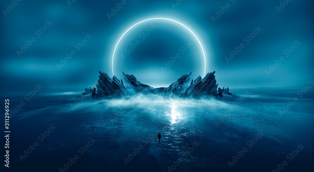 Wall mural modern futuristic neon abstract background. large object in the center, space background. dark scene