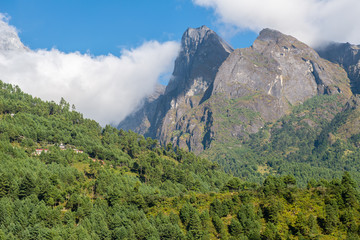 The landscape in Phakding village (2600 metres) the main stopping point for trekkers on their way...
