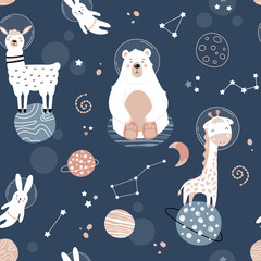 Cute seamless pattern with space animals. Bear, hare, giraffe, llama. Planets, stars, constellations, rockets, comets. Vector childrens background. Printing on fabric, paper, wallpaper, clothes.