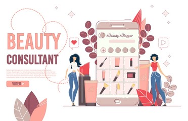 Landing Page for Beauty Online Blogging Consultation. Fashion and Cosmetics Review. Young Social Media Network Blogger Giving Advice to Customer, Telling about Makeup Cosmetics Trends. Video Tutorials