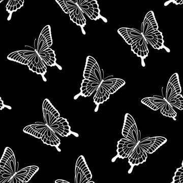 Beautiful seamless background of butterflies black and white colors. design greeting card and invitation of the wedding, birthday, Valentine s Day, mother s day and other holiday.