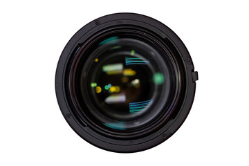 Front view Camera lens bokeh with lens reflections isolated with clipping path on  background © chathuporn