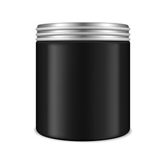 Black cylinder jar with metal lid isolated on white background, realistic mockup. Round cosmetic container with screw cap, template. Beauty product for men packaging, vector mock-up