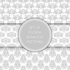 Floral seamless patterns compilation. Gray designs on white backgrounds