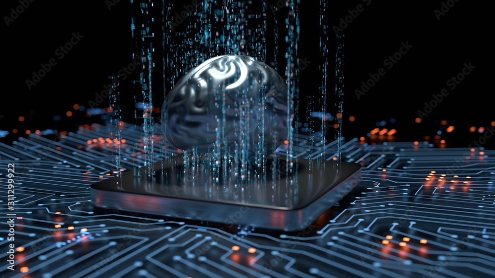 Poster 3d rendering of artificial intelligence hardware concept. glowing blue brain circuit on microchip on