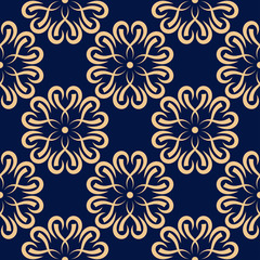 Golden floral seamless pattern on dark blue background