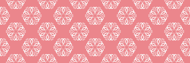 Floral white seamless print. On pale pink background