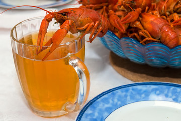 Boiled crayfish sits on a beer mug