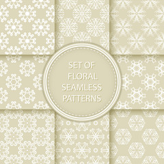 Compilation of floral patterns. White design with flowers on olive green background
