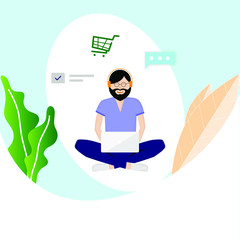 Marketing analysis concept, a hipster man wear a headphone to listen the music and enjoying to shop online and chat with friend by using social media program in a modern background.