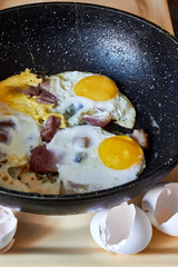 fried eggs wit bacon in a frying pan