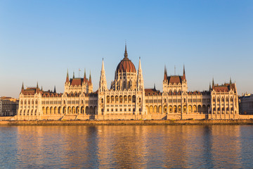 Fototapeta na wymiar Budapest parliament building during sunset with reflection in Danube river