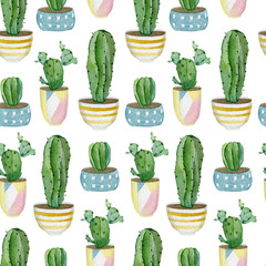 Warecolor seamless pattern with house plants in pots. Plants collection for wrapping paper, wallpaper decor, textile fabric and background.