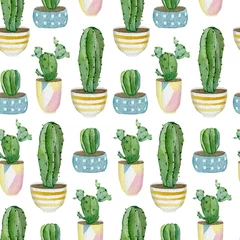 Aluminium Prints Plants in pots Warecolor seamless pattern with house plants in pots. Plants collection for wrapping paper, wallpaper decor, textile fabric and background.