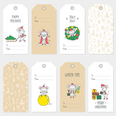 Set of gift tags for winter holidays. Cute tags with cute little mouse enoying winter holidays. Seasonal badge design. Vector 8 eps.