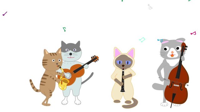 猫のコンサート。猫が歌を歌ったり楽器を演奏している