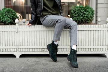real-life green womens low boots nubuck demi season flat shoes on legs of a model in the street