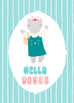 Hello world cute kitty postcard flat vector illustration