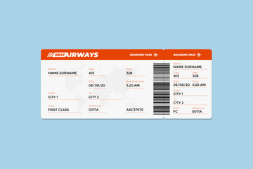 Realistic airline flight ticket boarding pass design template with first class passenger name and barcode. Air travel by airplane red document vector illustration