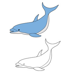 vector, isolated, coloring book, dolphin is swimming