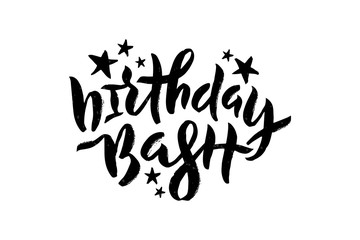 Vector stock illustration of Birthday Bash inscription with stars for greeting card, invitation. Brush pen lettering calligraphy for birthday party, anniversary. Isolated on white EPS 10