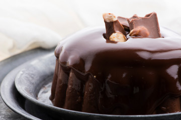Chocolate pudding with chocolate dressing on a plate