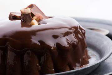 Chocolate pudding with chocolate dressing on a plate