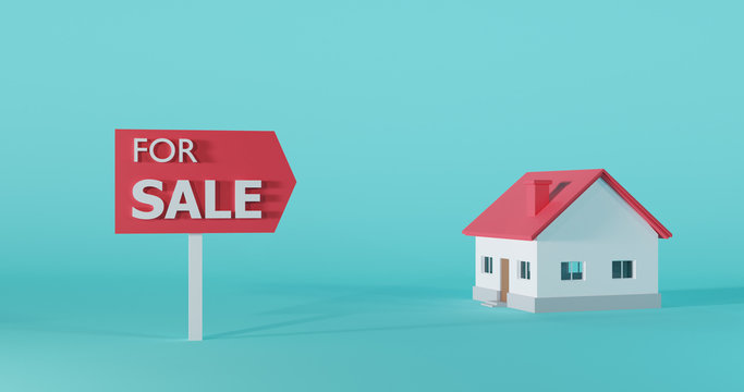 3d model of red roof house with sale sign isolated on blue background. Concept of buy, rent home, investment, real agent. 3d render illustration.