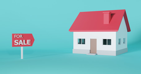 3d model of red roof house with sale sign isolated on blue background. Concept of buy, rent home, investment, real agent. 3d render illustration.