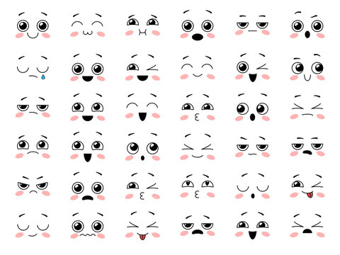 Set of cute kawaii emoticon. Cartoon face collection. Vector illustration