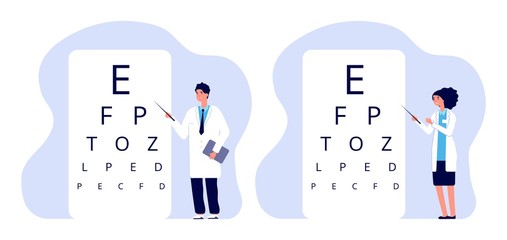 Ophthalmologists characters. Oculists checking vision vector illustration. Male female ophthalmologists. Ophthalmology clinic doctor. Medical eyesight examination, test ophthalmology