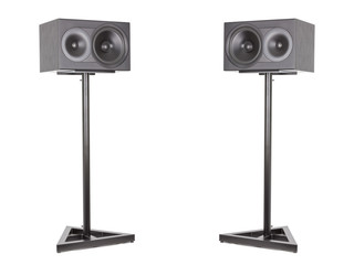 Two audio studio stands for monitors and a professional speaker. Pa system speaker