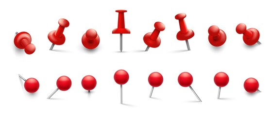 Red thumbtack. Push pins in different angles for attachment. Pushpins with metal needle and red head isolated vector set. Illustration thumbtack attach, office pushpin for paper