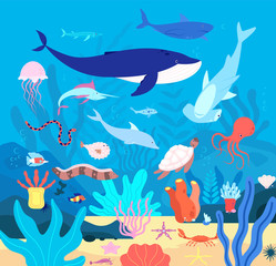 Underwater. Cute undersea animals, cartoon sea wildlife. Happy aquarium habitat, oceanic fishes and mammals. Marine life vector background. Sea and coral exotic, wildlife natural ocean illustration