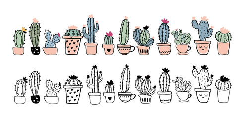 Set of linear drawing cacti in pots and colorful illustration isolated on a white background. Coloring book with home plants and color stickers. Mexican succulents. Doodle vector.