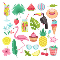 Summer elements. Tropical vacation stickers. Flamingo, ice cream and pineapple, leaf and cocktail, parrot and beach hat, starfish vector set. Illustration flamingo and watermelon, palm and fruit