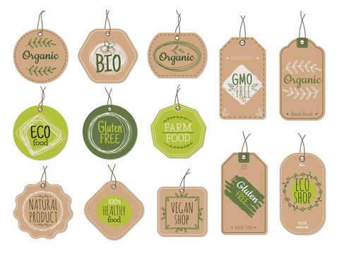Organic cardboard labels. Eco paper badges, green farm nature product price shop tags with ecologic emblems. Vintage bio vector set. Illustration eco natural vegan cardboard, label market for product