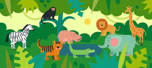 Foto op Plexiglas Jungle with animals. Zebra, monkey and hippo, tiger and crocodile, elephant and lion, giraffe with tropical plants. Vector kids background. Jungle life fauna, crocodile and hippo illustration © MicroOne
