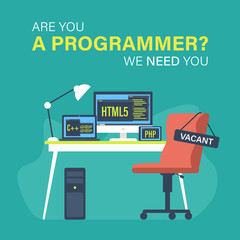Programmer job vacancy template with empty chair illustration