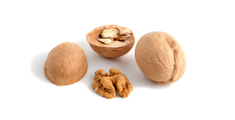 walnut shells and kernels on white background