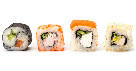 variety of sushi roll on white background Japanese cuisine