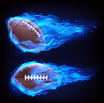 Flying rugby ball in blue fire isolated on black background. Vector realistic symbol of american football in plasma flame. Template for poster, banner for the match of sport tournament