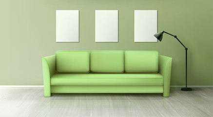 Interior with green sofa, lamp and blank white posters on wall in living room. Vector realistic couch for home, office or studio on wooden floor. Comfortable lounge for resting or waiting