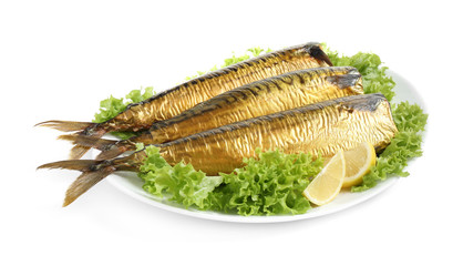 Plate with smoked fish isolated on white