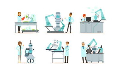 Scientists Working in Laboratory with Robots Vector Illustrations Set