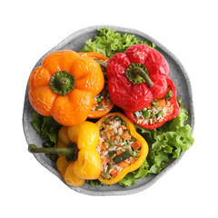 Tasty stuffed bell peppers isolated on white, top view